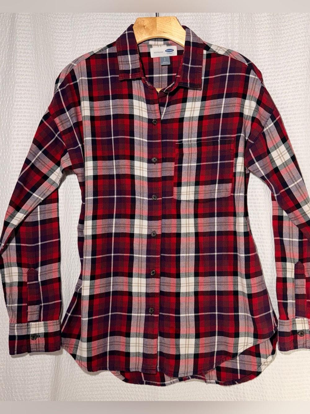 Old Navy Boyfriend Flannel Plaid Button Up Shirt Red Purple Small Cabincore Grun